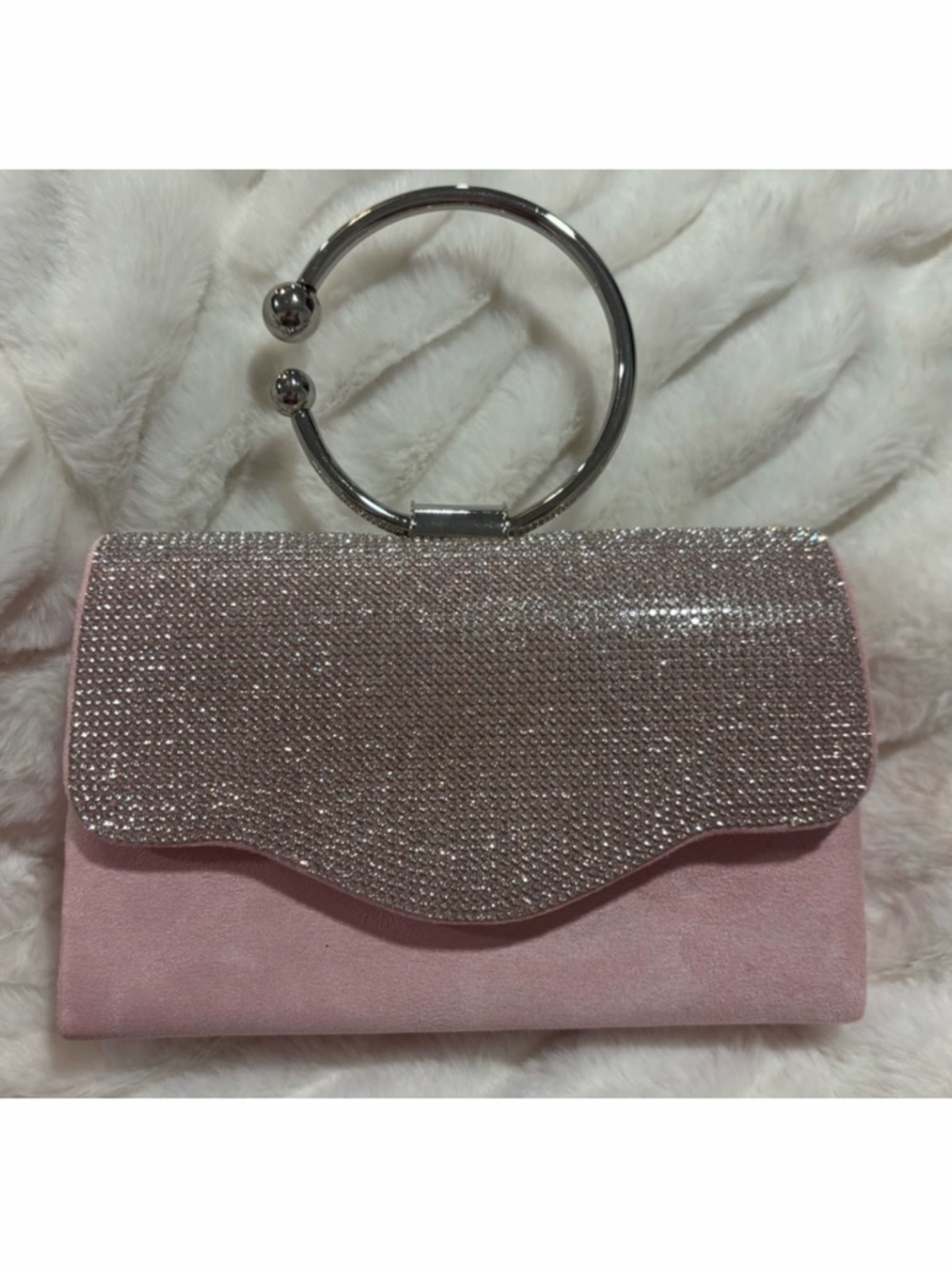 Pink Crystal-Embellished Evening Clutch with Silver Ring Handle
